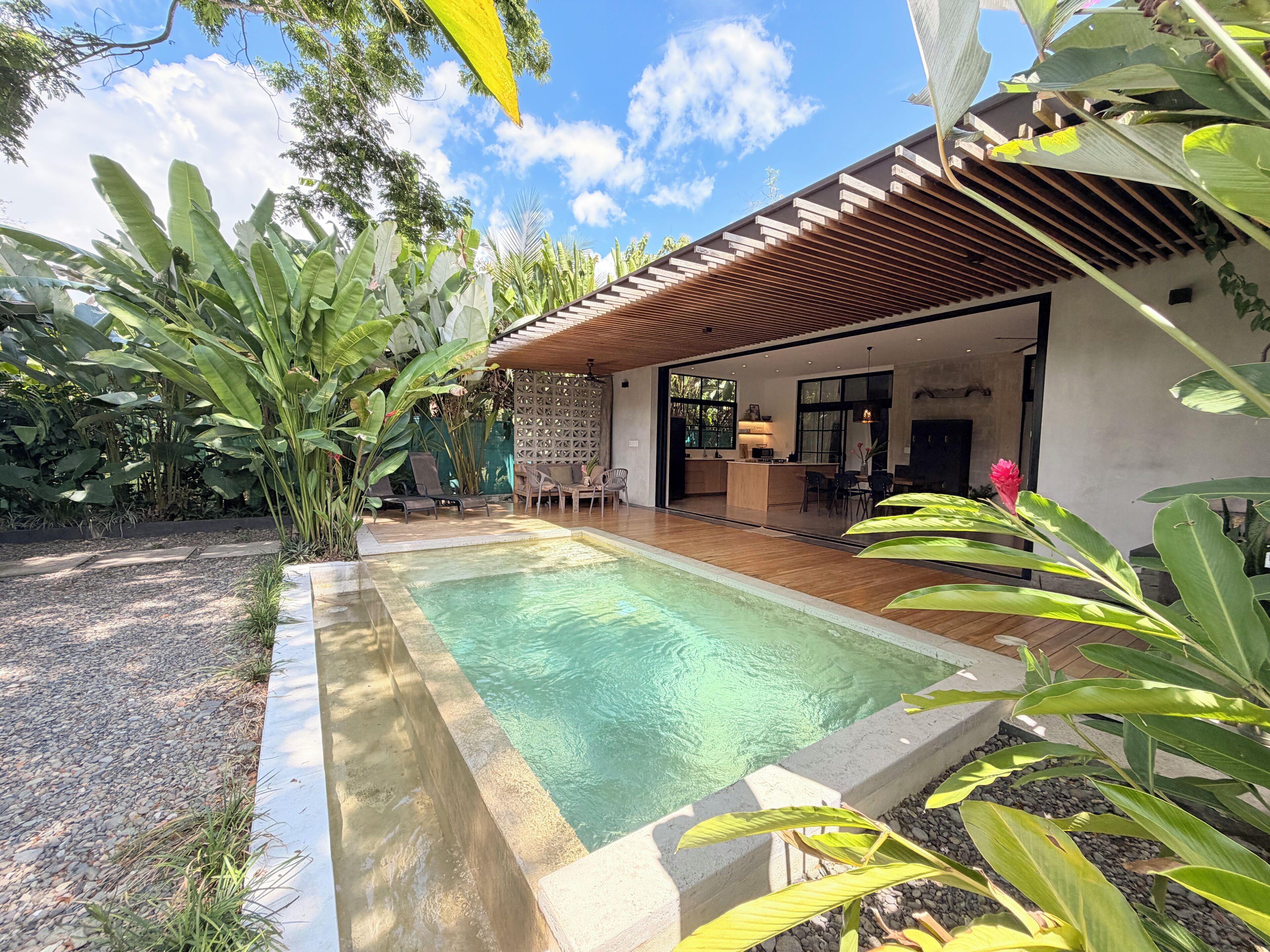 Ein modernes Haus mit Swimmingpool, einer Terrasse und einer durch eine offene Tür einsehbaren Küche.