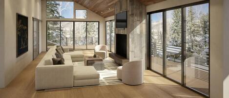 Televisión, chimenea, estéreo, oficina