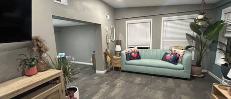 A living room with a sofa, TV, and various plants.