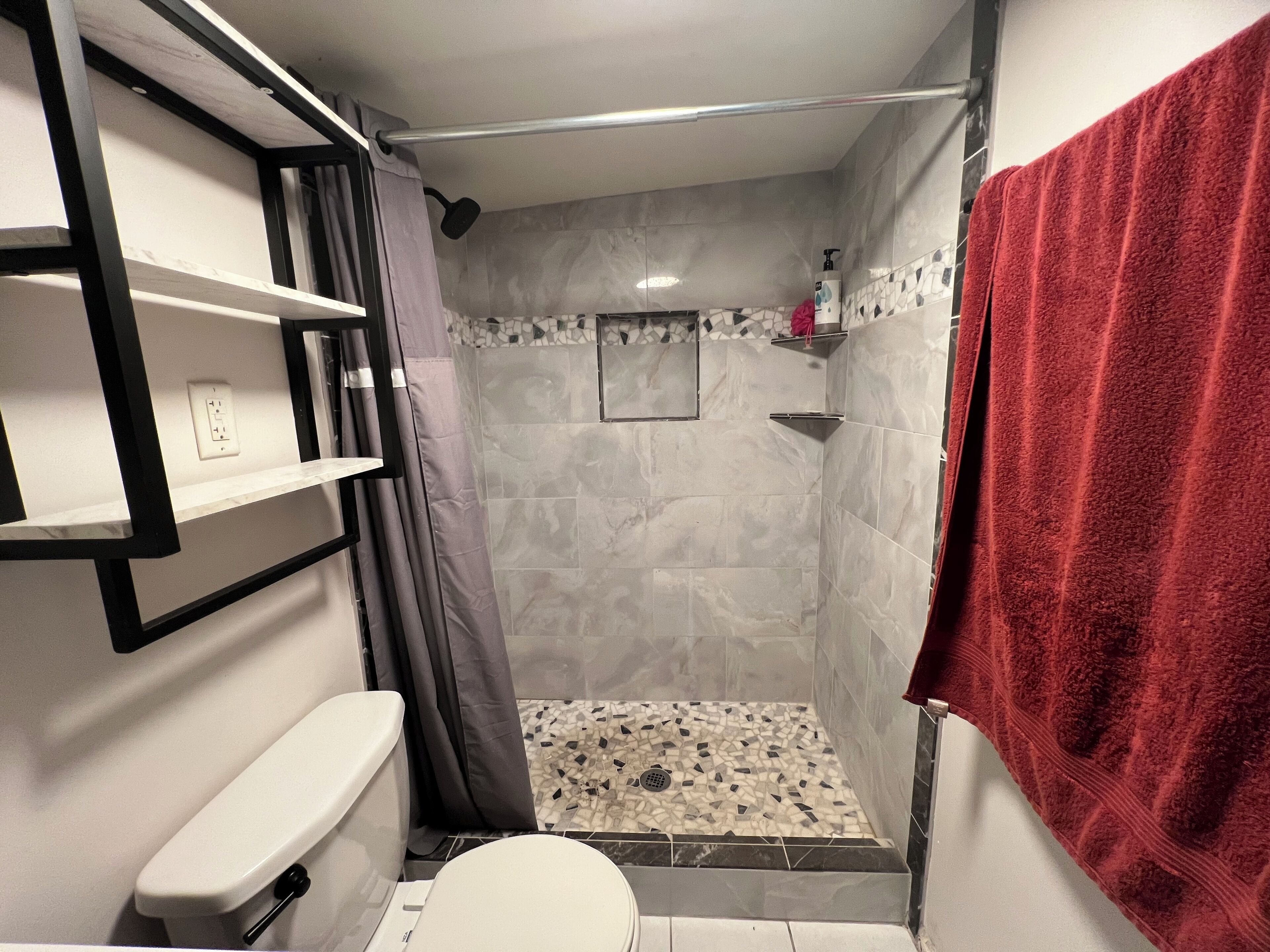 Shower, towels, toilet paper