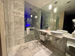 Secadora de cabello, toallas, jabón, papel de baño 