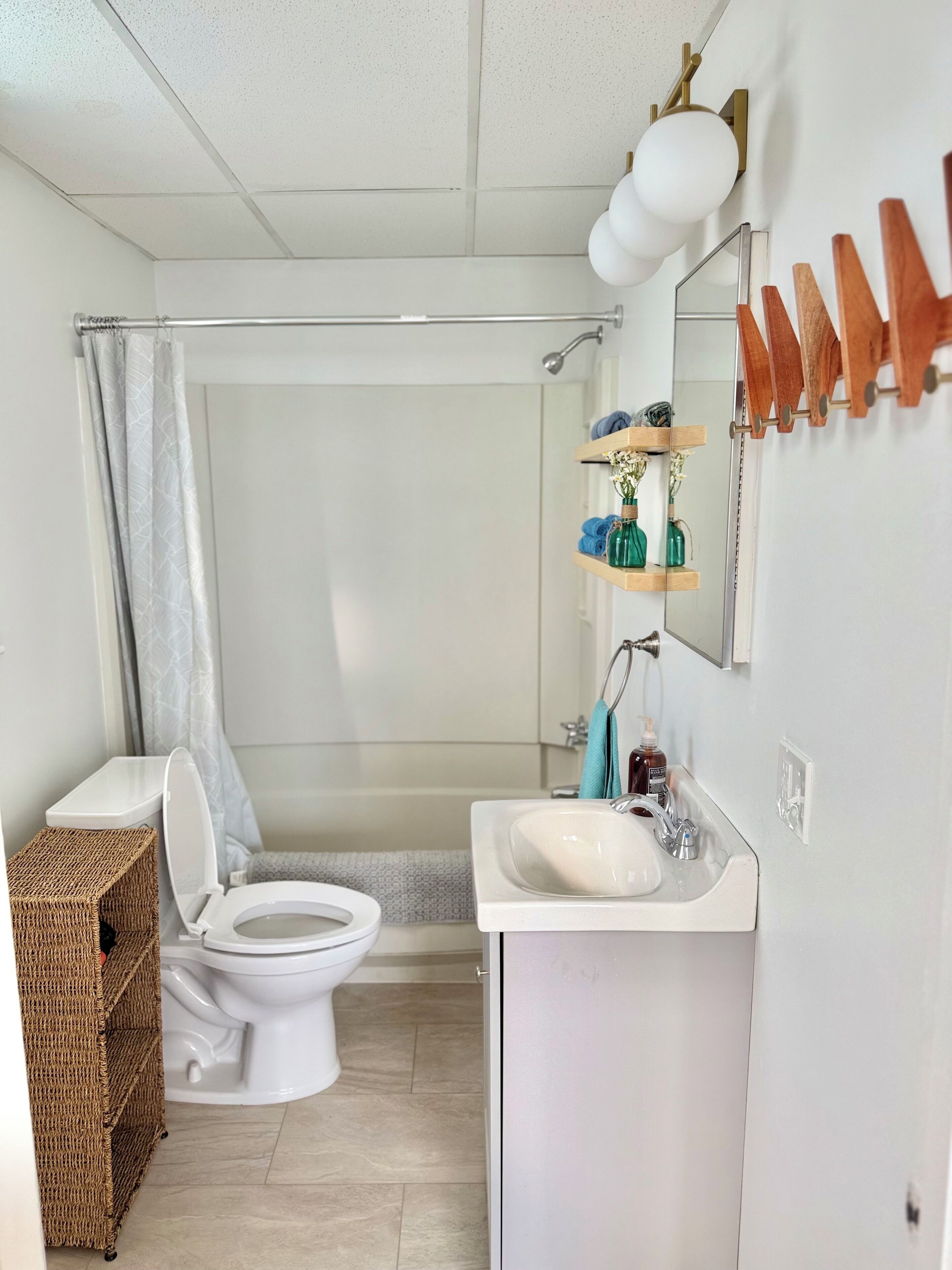 Hair dryer, towels, soap, toilet paper