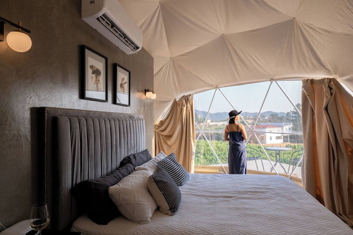 A tented accommodation room with a bed, pillows, a framed picture, an air conditioning unit, and a view of the landscape.
