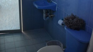 A bathroom with blue tiles, a white toilet, a blue sink, and a small window with frosted glass. - Stay at Casa Alixchel 6 minutes from the Zocalo (Oaxaca de Juárez)