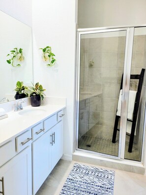 Shower, hair dryer, towels, soap