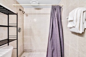 Shower, hair dryer, towels