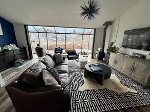 Smart TV, fireplace, books