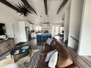 Smart TV, fireplace, books