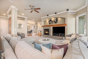 TV, fireplace, foosball, offices