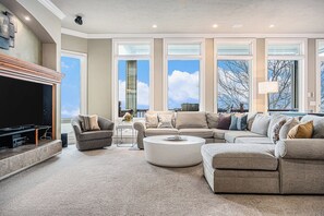 TV, fireplace, foosball, offices