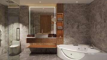 Separate tub and shower, free toiletries, hair dryer, slippers