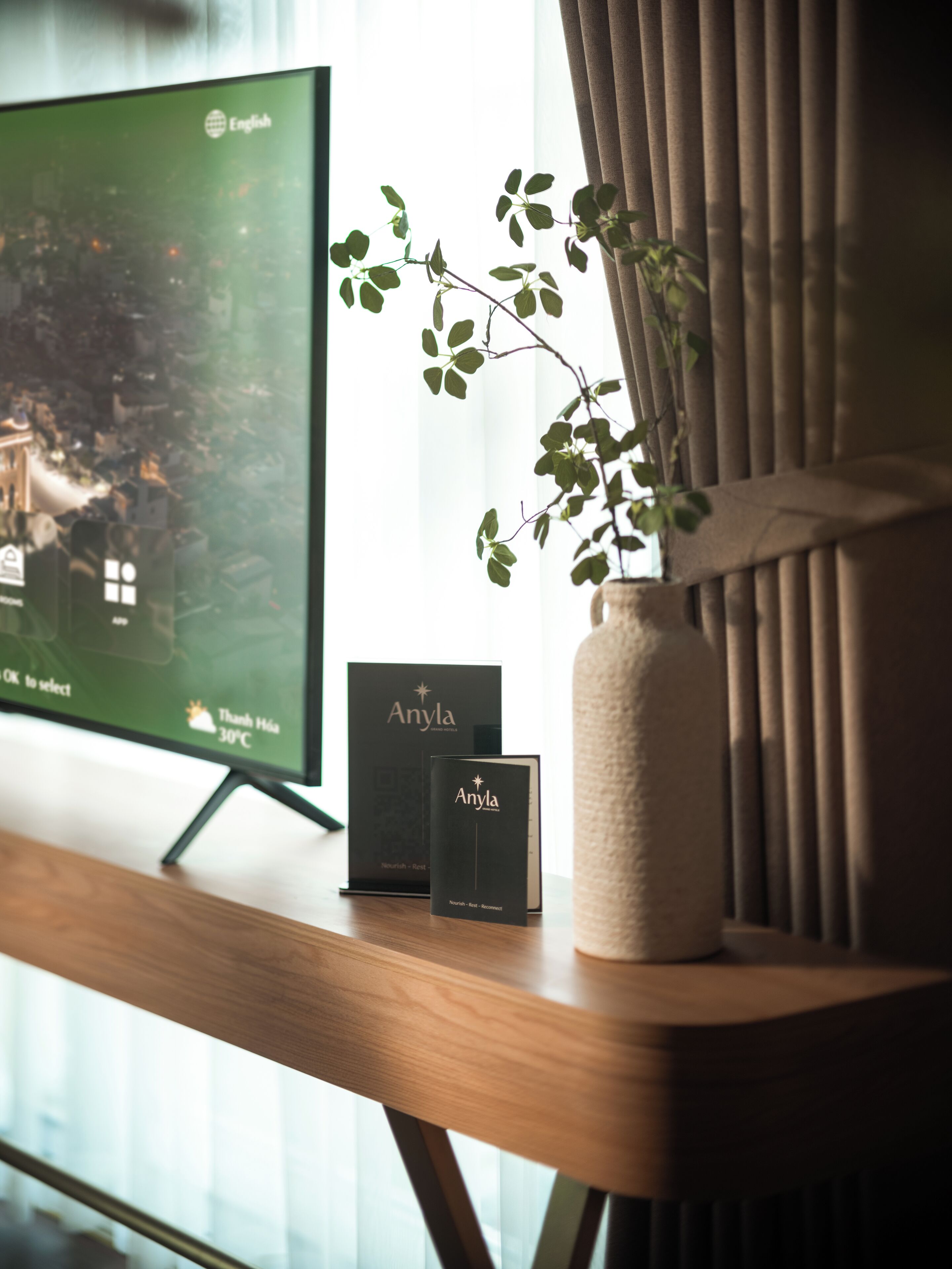 A wooden desk with a television displaying a weather forecast, a vase with a plant, and two books titled 'Anya'.