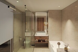 Habitación doble Deluxe de uso individual, 1 cama King size, vista a la ciudad | Baño | Tina y regadera independientes y amenidades de baño gratuitas 