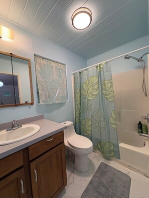 Eco-friendly toiletries, hair dryer, towels, soap