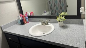 Une salle de bain avec un lavabo blanc, un miroir, une plante en pot et des articles de toilette posés sur le comptoir.