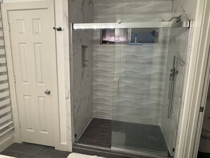 Hair dryer, towels, soap, toilet paper