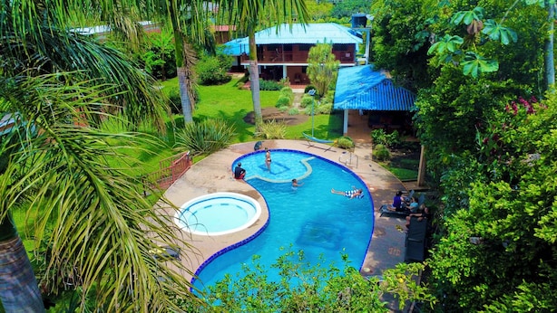 A swimming pool with a small circular section, surrounded by lush greenery and a house with a blue roof.
