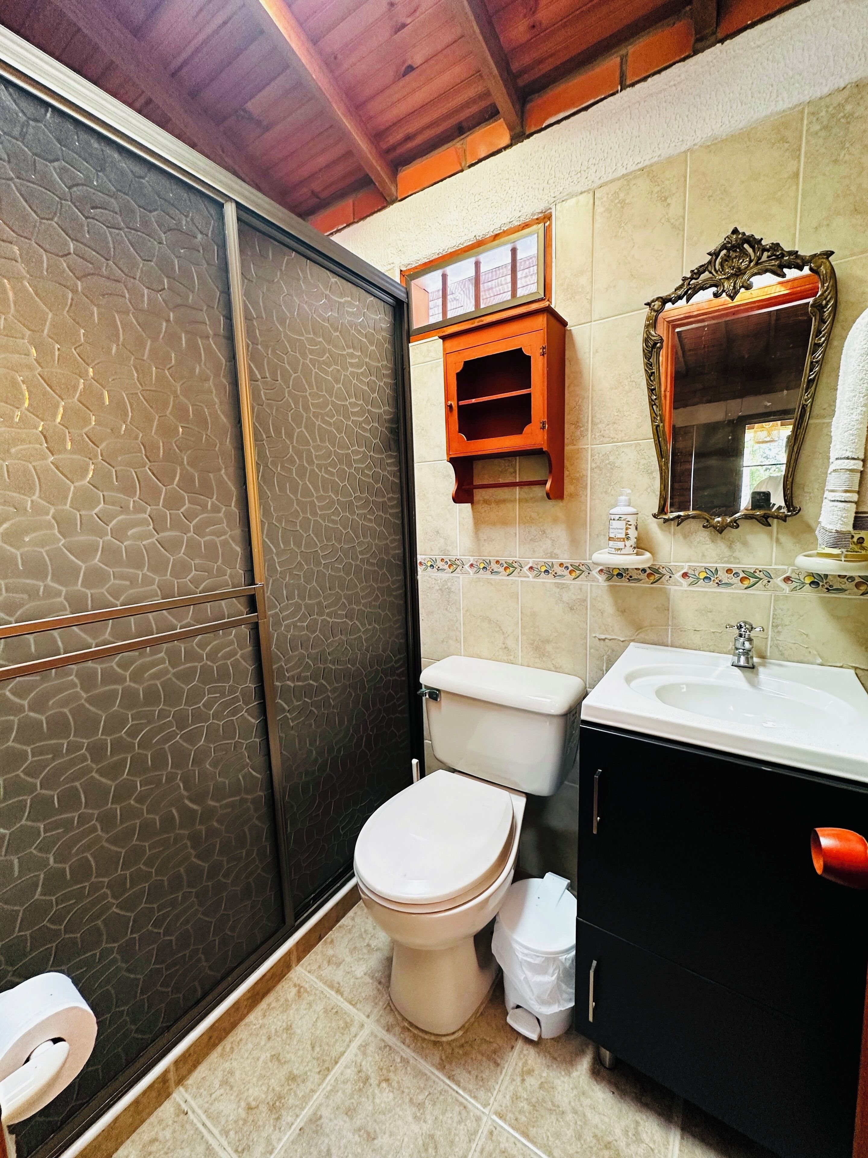 A bathroom with a toilet, sink, and a cabinet.