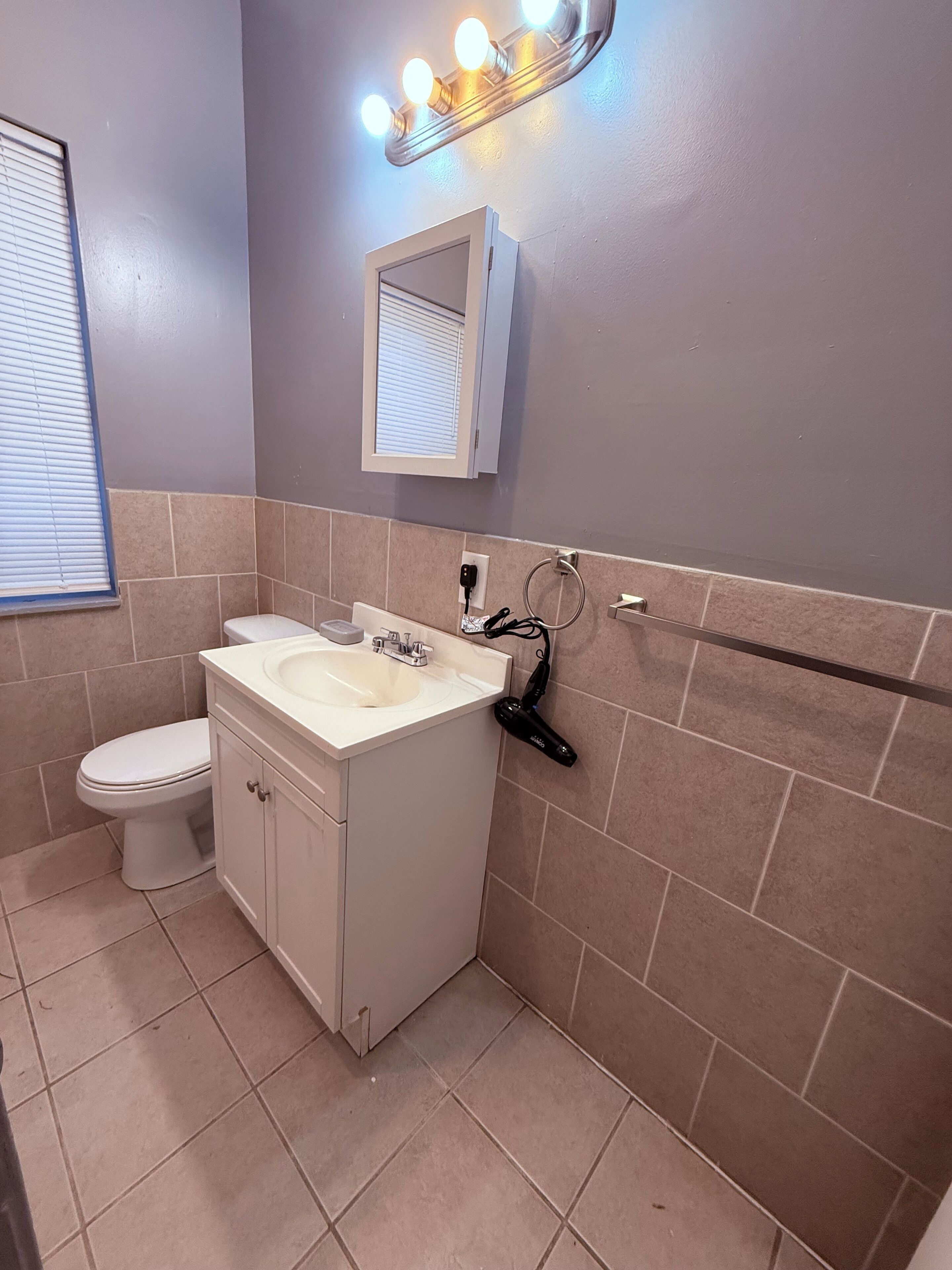 Hair dryer, towels, soap, toilet paper