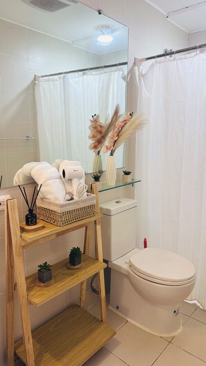 Secador de cabelo, toalhas de banho, sabonete, papel higiênico