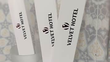 Hair dryer, slippers, towels, soap