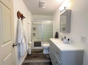 Hair dryer, towels, soap, shampoo