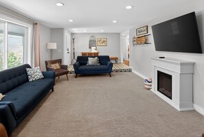 TV, fireplace, books