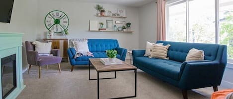 TV, fireplace, books