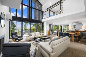 TV, fireplace, books