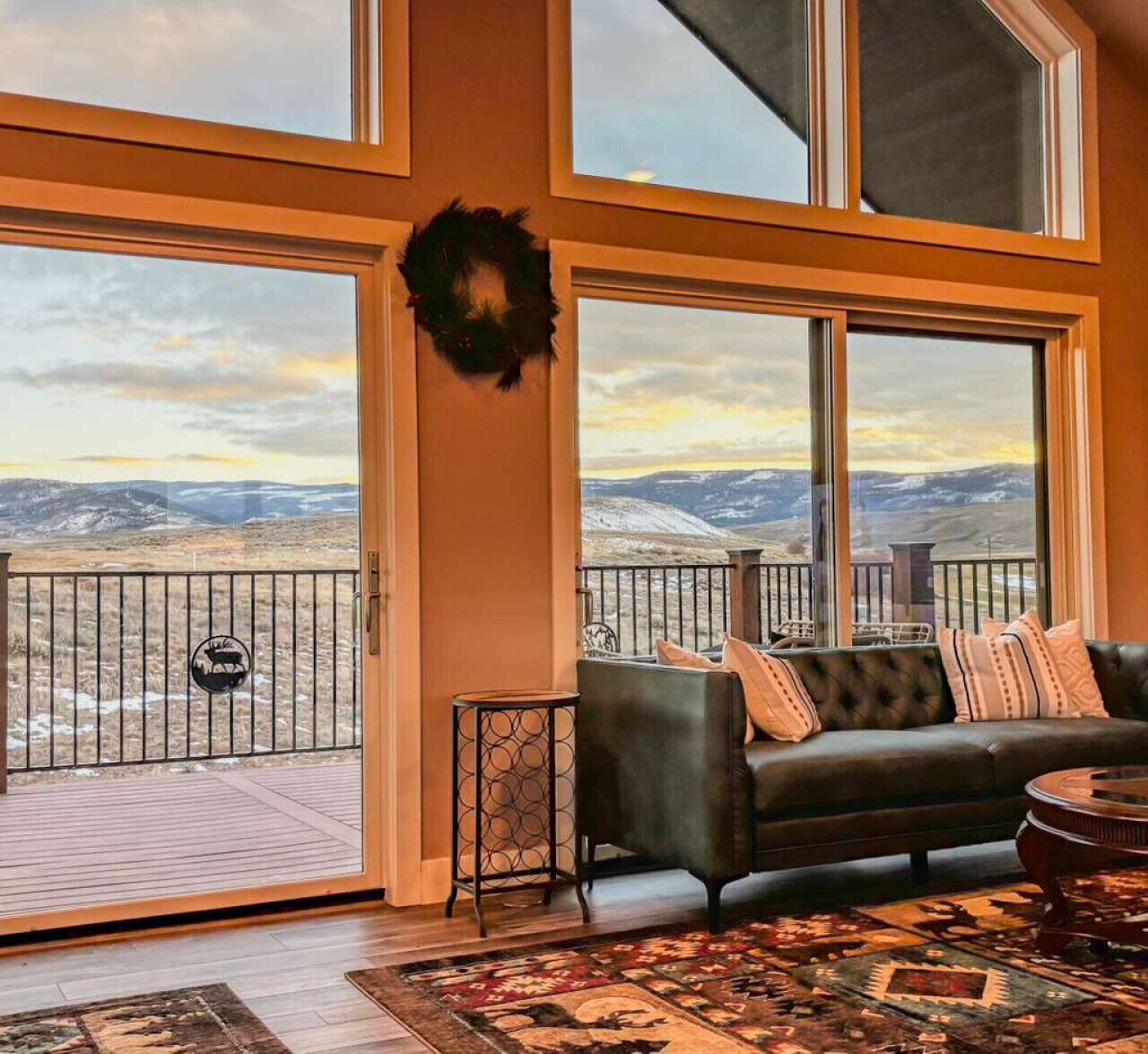 TV, fireplace, books, music library