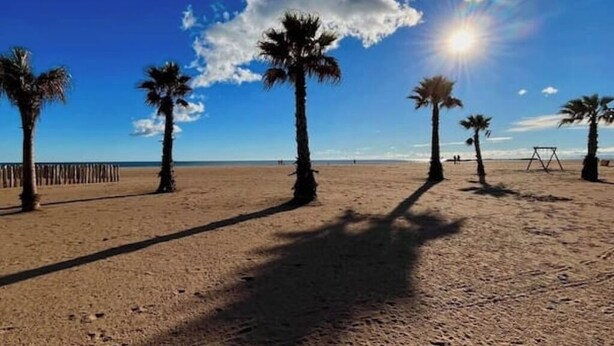 A beach with palm trees and a swing set. - 🌴 Cocooning Holiday Home - Sunny & Ideally Placed! ☀️🏖️ (Valras-Plage)