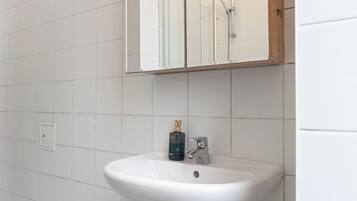 Basic Apartment | Bathroom | Shower, free toiletries, hair dryer, towels