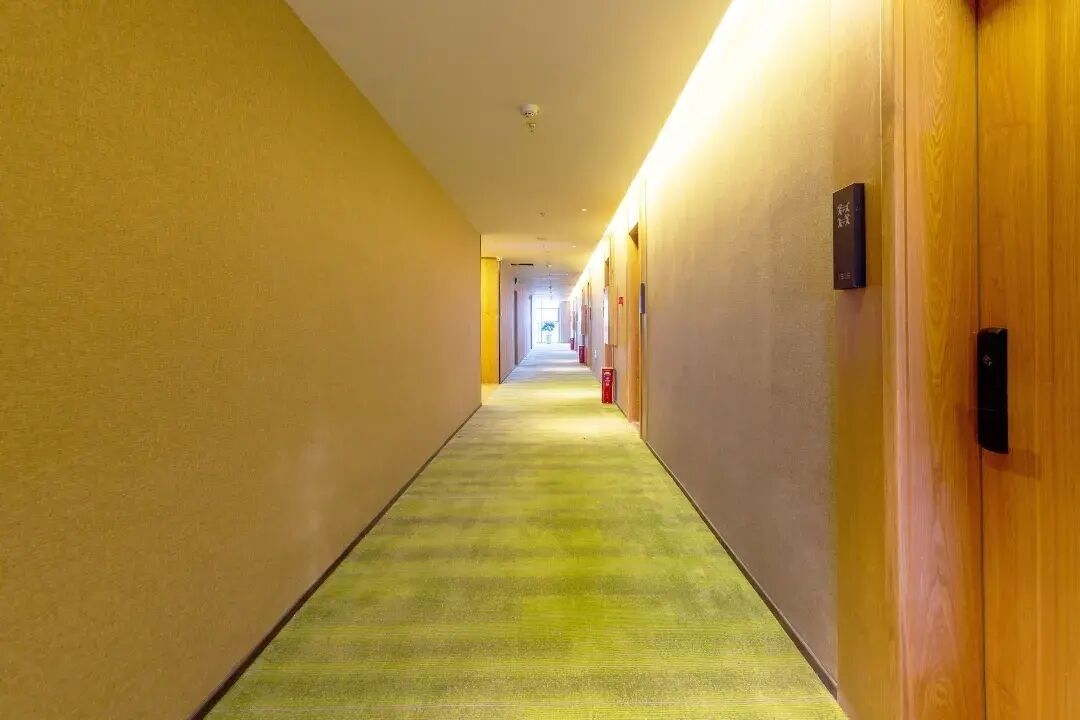 Een hotelgang met een tapijtvloer, houten deuren en een verlichtingsarmatuur langs het plafond.