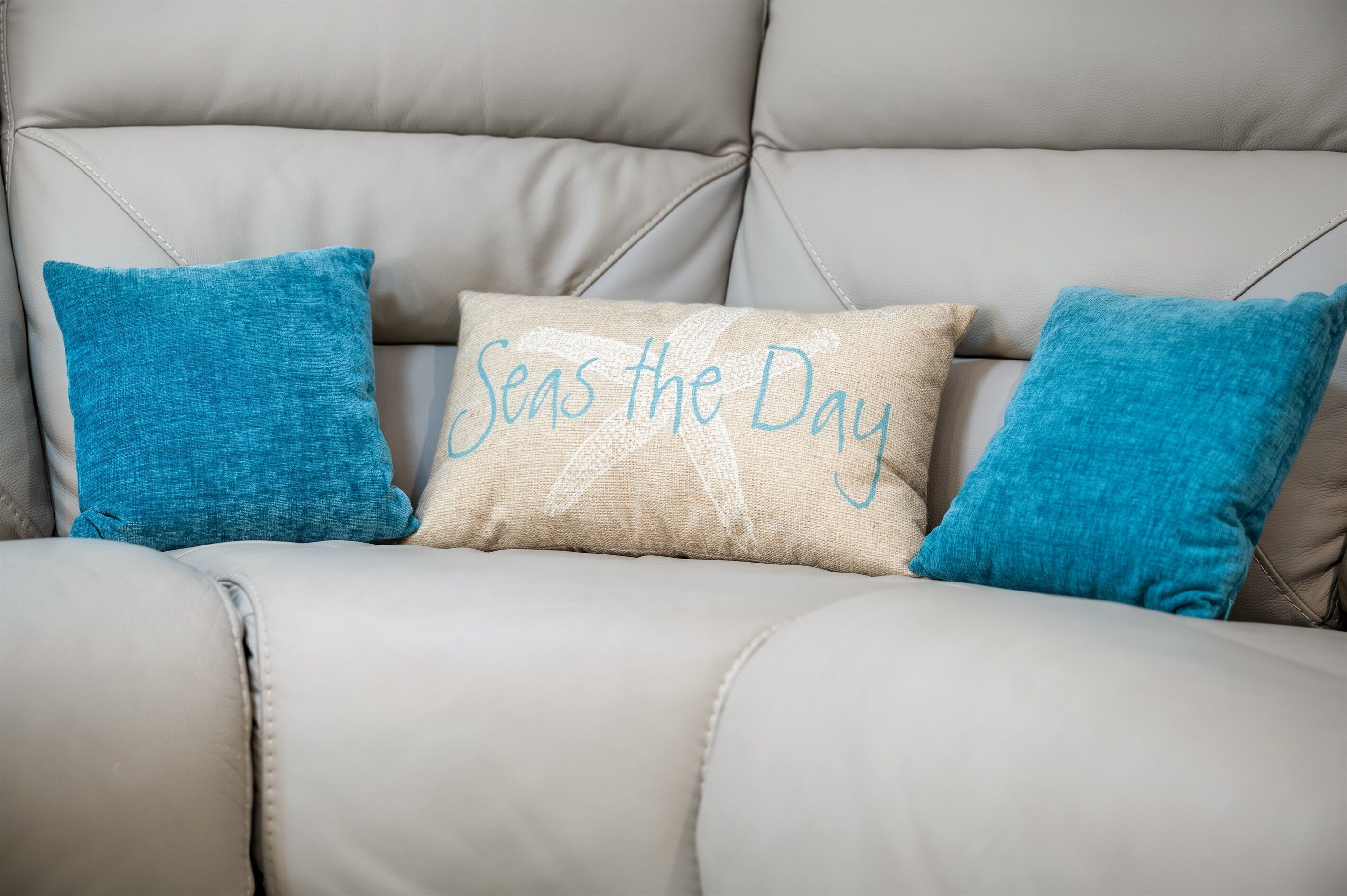 A beige leather sofa with three cushions, one with the text "Seas the Day" in blue lettering.