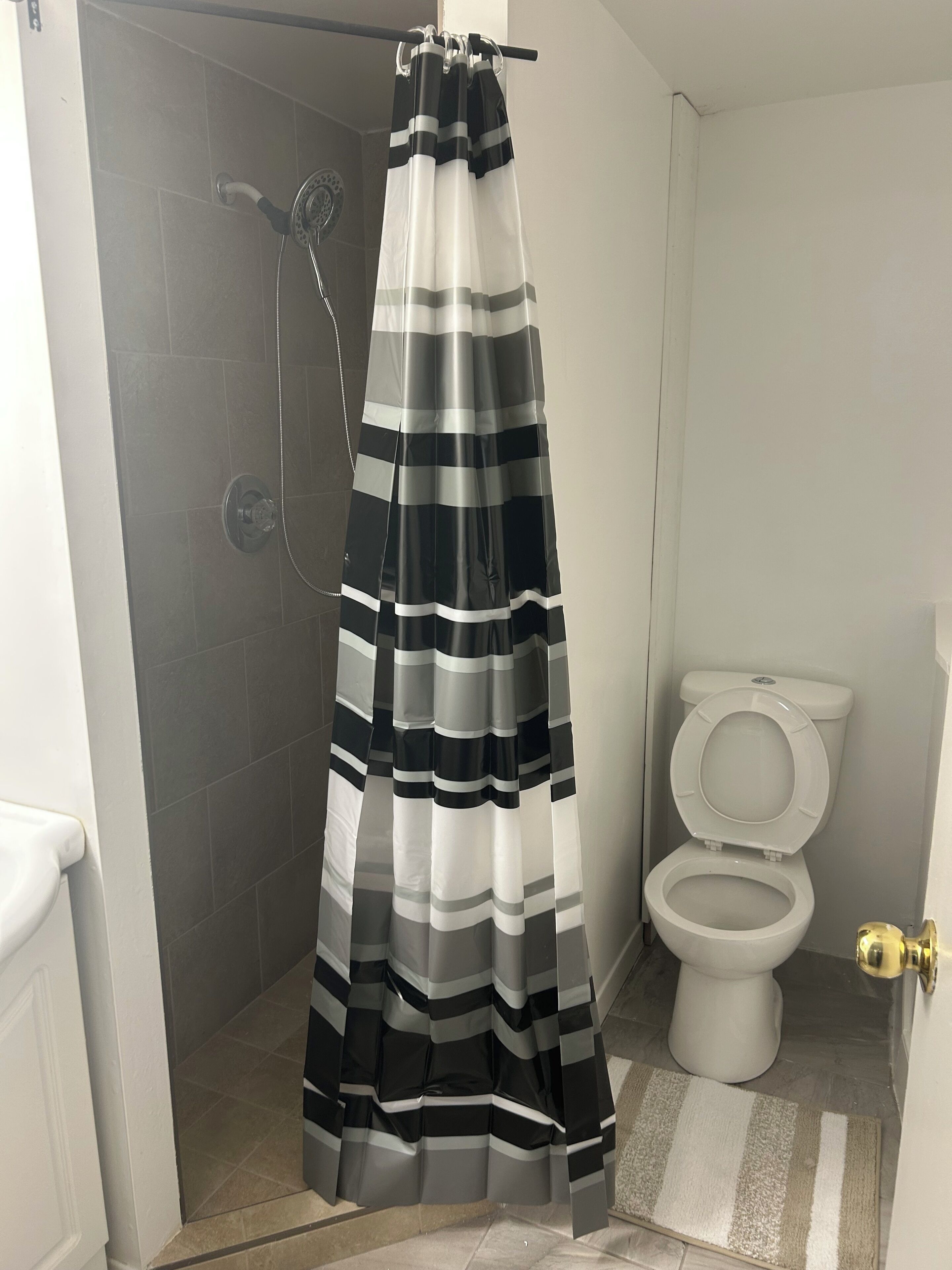 Een badkamer met douchegordijn, toilet en klein vloerkleed.