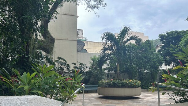A paved outdoor area with a central planter, surrounded by various plants and trees. - Spacious 3-bedroom apartment in Copacabana, 3 blocks from the beach. (Rio de Janeiro)