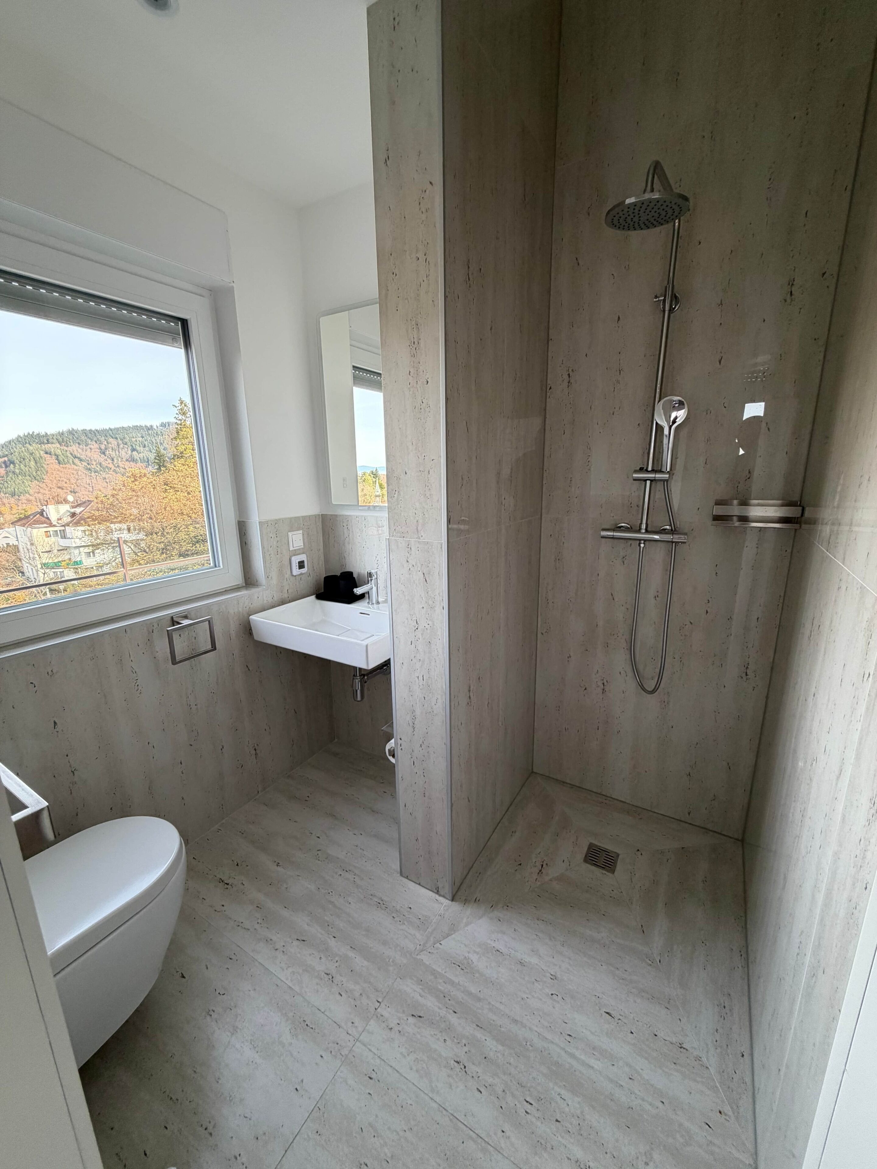 Un baño moderno con ducha, inodoro y lavabo.