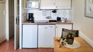 A compact kitchen with white cabinets, a microwave, a coffee maker, a sink, and a dishwasher. - Le Petit Bonheur - Studio with sea view - Côte d'Azur (Roquebrune-sur-Argens)