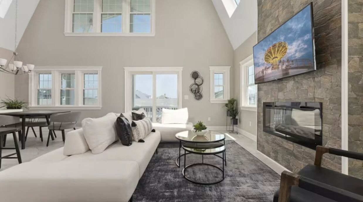 Smart TV, fireplace, books