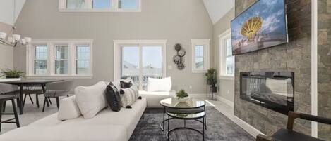 Smart TV, fireplace, books