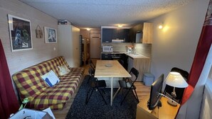 Un espace de vie compact comprenant un canapé, une table à manger et un coin cuisine.
