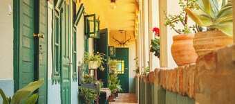 Cozy 3-bedroom farmhouse surrounded by a vibrant garden full of plants.