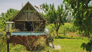 Uma casa de madeira rústica com telhado verde, piscina e um jardim com diversas plantas e árvores.