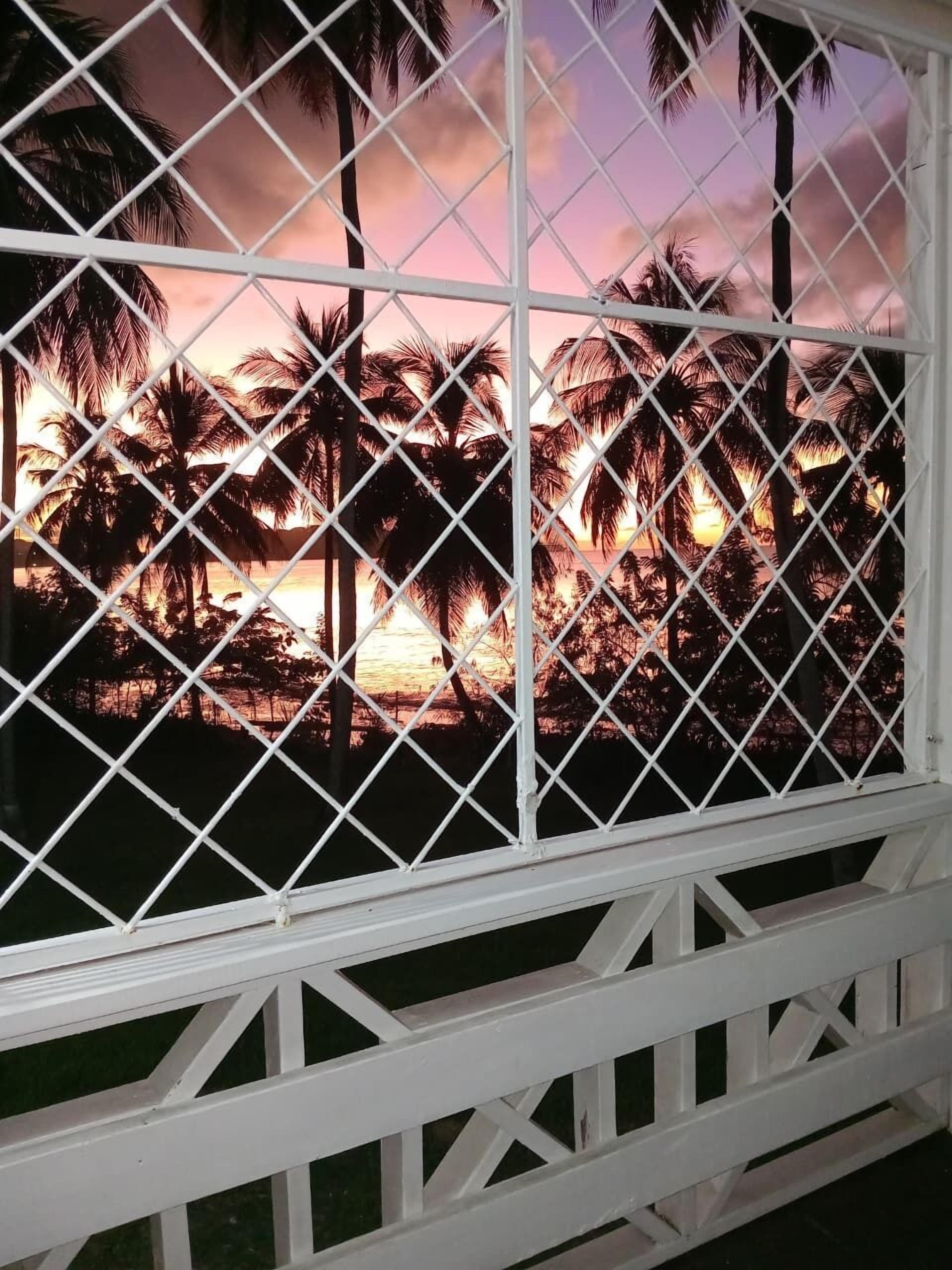 Vista attraverso una recinzione di metallo bianco con motivo geometrico, con palme e un tramonto sullo sfondo.