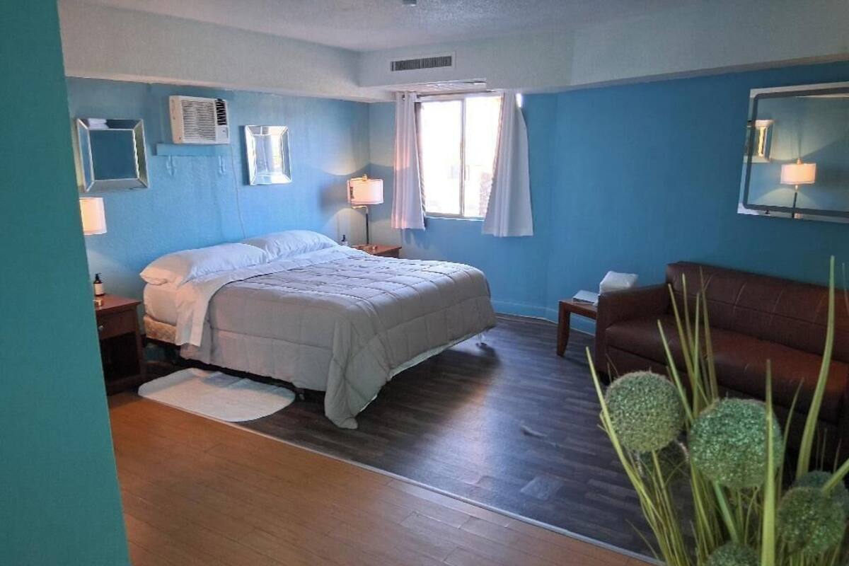 Une pièce comprenant un lit, une petite table, un canapé et une fenêtre avec des rideaux.