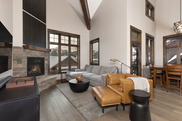 TV, fireplace, books, stereo