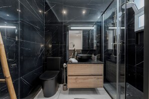 Hair dryer, towels, soap, toilet paper