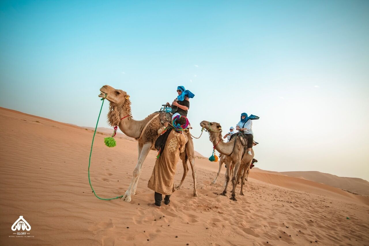 Three camels with riders in a desert setting.