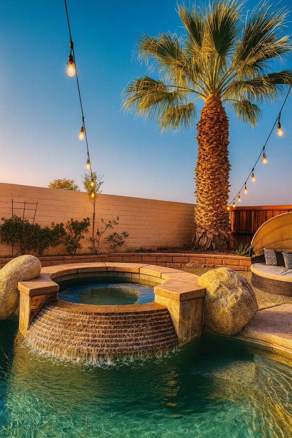 Outdoor pool, a heated pool - Modern Coachella Villa with Pool Spa and Game Room (Coachella)