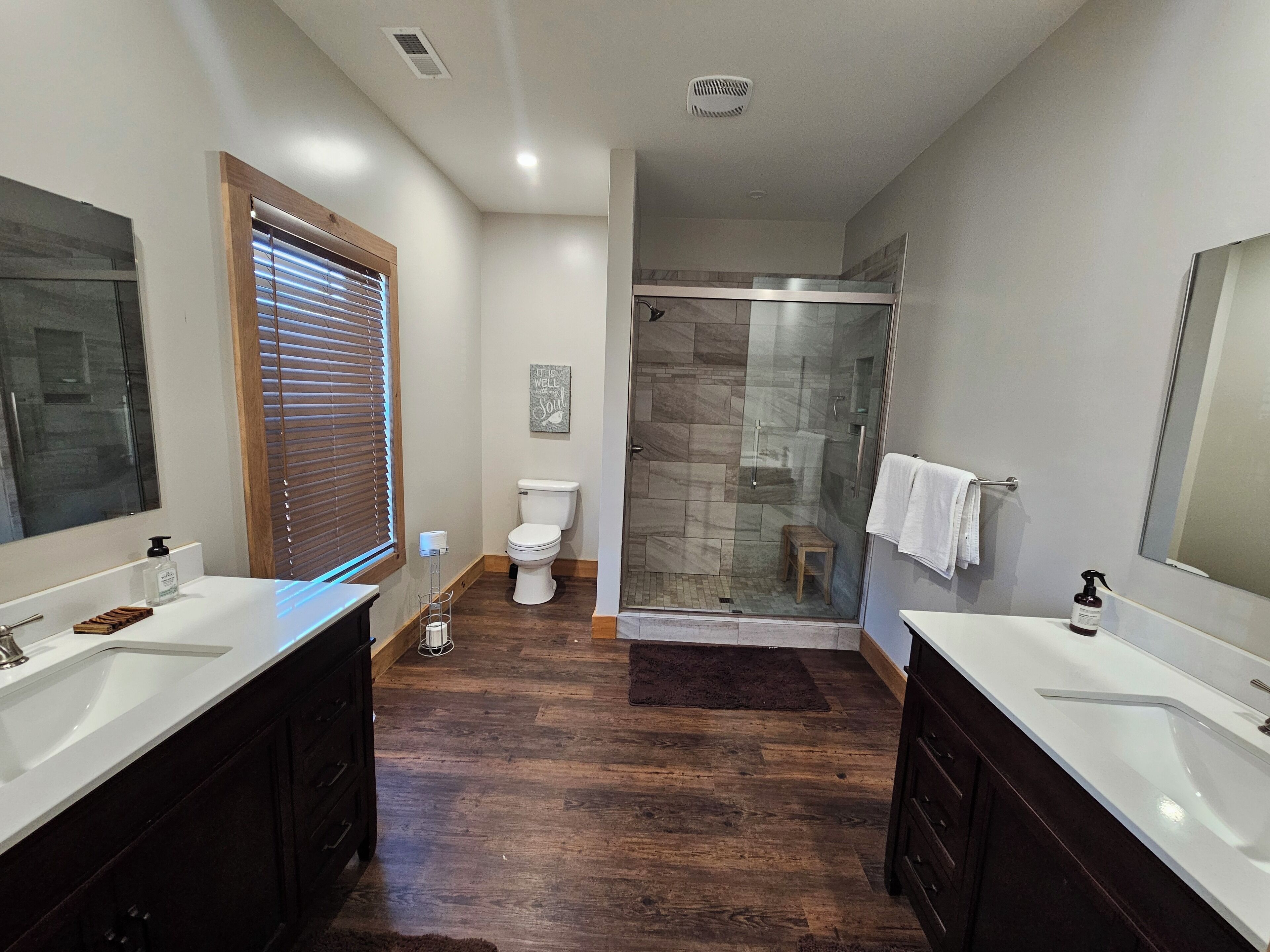 Shower, towels, toilet paper